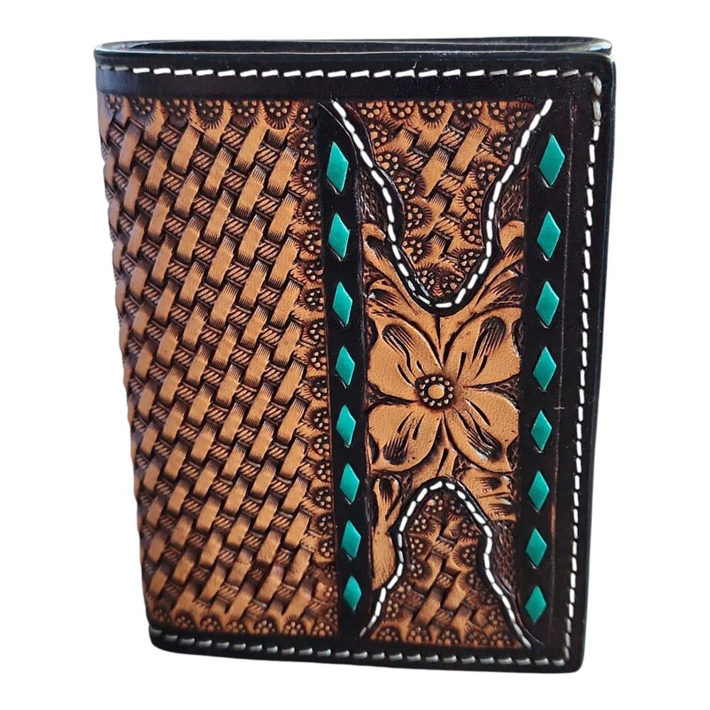 Twisted X XH829T Tooled Leather Trifold Wallet Green Buck Stitch Basket Floral